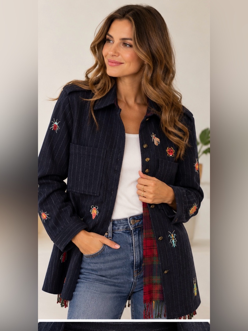 Vilagallo Navy Pinstripe Embroidered Bug-Print Utility Jacket